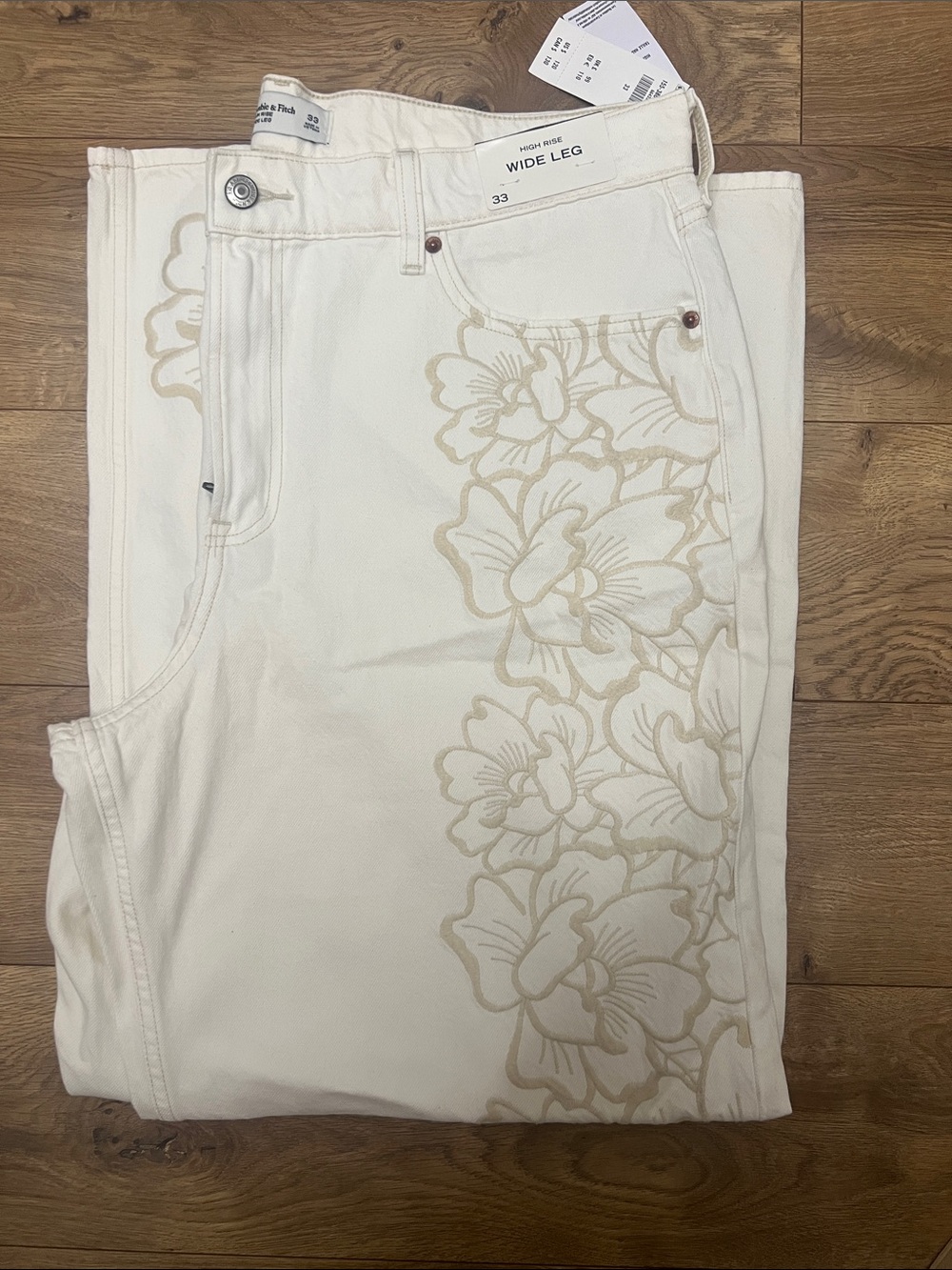 Abercrombie & Fitch White Wide-Leg Jeans with Beige Floral Side Print